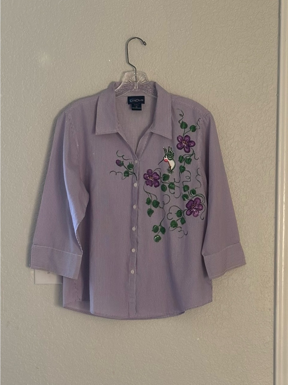 Lasolas Lavender Button-Up Shirt with Floral & Hummingbird Embroidery